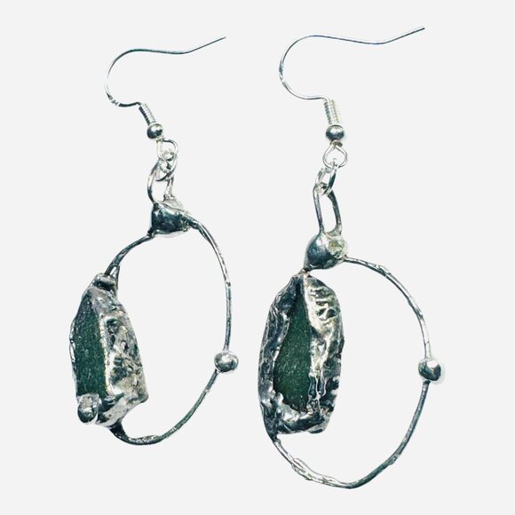 Natural Moldavite & Sterling 925 Boho Metalwork Earrings - Picture 8 of 17